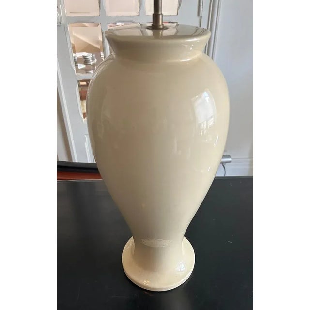 Large beige Lunville faience lamp Original lampshade stained by age Base height 48cm, diameter 18cm This piece has an...