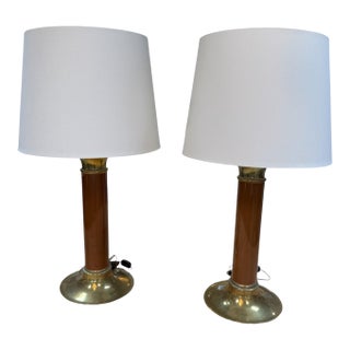 1970s Mid-Century Modern Brass and Brown Lacquer Table Lamps - a Pair For Sale