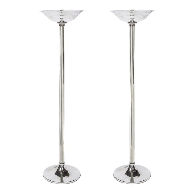 Pair of Art Deco Machine Age Chrome and Glass Rod Torchieres For Sale
