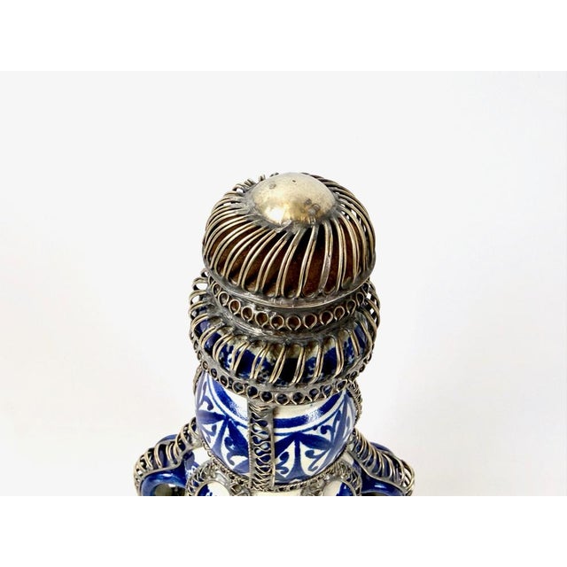 Mid-Century Moroccan Hand Painted Cobalt Ceramic Decanter with Wire Filigree Detailing, 1950s For Sale - Image 4 of 14