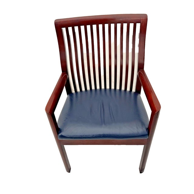 Gorgeous Vintage Curved Spindle Back Arm Chair, Solid Mahogany, Blue Leather Seat, 37" Tall 18" at seat X 19" Deep X 23"...