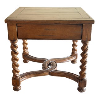 French 18th C. Charles II Style Barley Twist Spanish Revival Side Table With One Drawer Solid Walnut Wood in Style of Theodore Alexander / Eddie Bauer For Sale