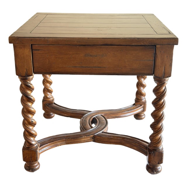 French 18th C. Charles II Style Barley Twist Spanish Revival Side Table With One Drawer Solid Walnut Wood in Style of Theodore Alexander / Eddie Bauer For Sale