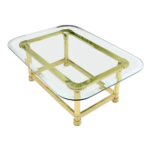 Vintage Italian Polished Brass Base Glass Top Coffee Table Rounded Scallop