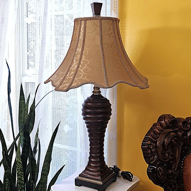 Vintage Uttermost Carved Wood-Finish Urn Table Lamps With Damask Shades – Pair For Sale - Image 14 of 18