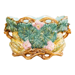 Antique French Onnaing Majolica Barbotine Pumpkin Jardiniere Cachepot, Circa 1880