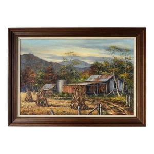 1970's Aileen Rush - Rustic Farm House Landscape Oil Painting, Framed
