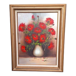 1970's Folk Art Decorative Arts Workshop Oil Painting With Frame