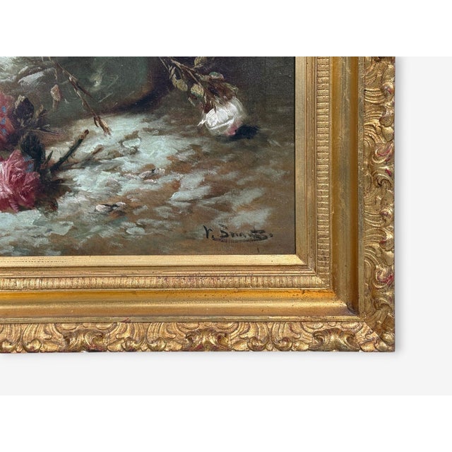 Floral Still Life, Oil on Canvas, a Fallen Vase With Flowers, American, 1920s For Sale - Image 4 of 9