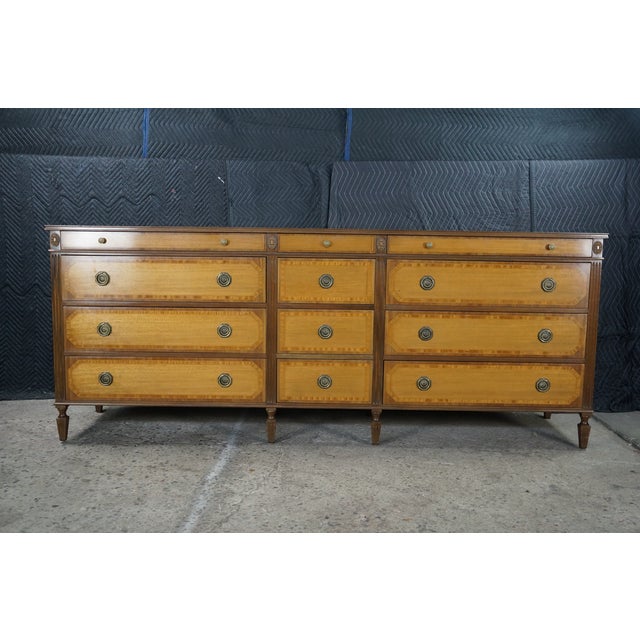 Vintage Kittinger American Federal Style Mahogany & Satinwood Triple Dresser 87" For Sale - Image 6 of 18