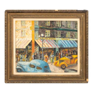 Signed Corner Store Street Scene Oil on Masonite For Sale