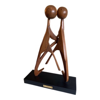 2 Feet Tall Modern Carved Wood Abstract Teakwood Figural Sculpture by Artist Cypen Lubitsh “Love Embraced” For Sale