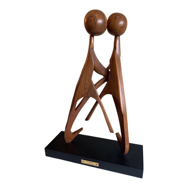 2 Feet Tall Modern Carved Wood Abstract Teakwood Figural Sculpture by Artist Cypen Lubitsh “Love Embraced” For Sale