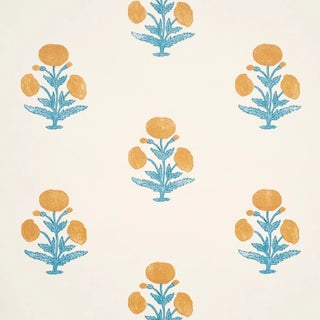 SAMPLE - Schumacher x Molly Mahon Poppy Print Wallpaper In Mustard & Sky For Sale