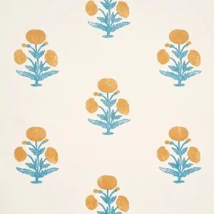 SAMPLE - Schumacher x Molly Mahon Poppy Print Wallpaper In Mustard & Sky