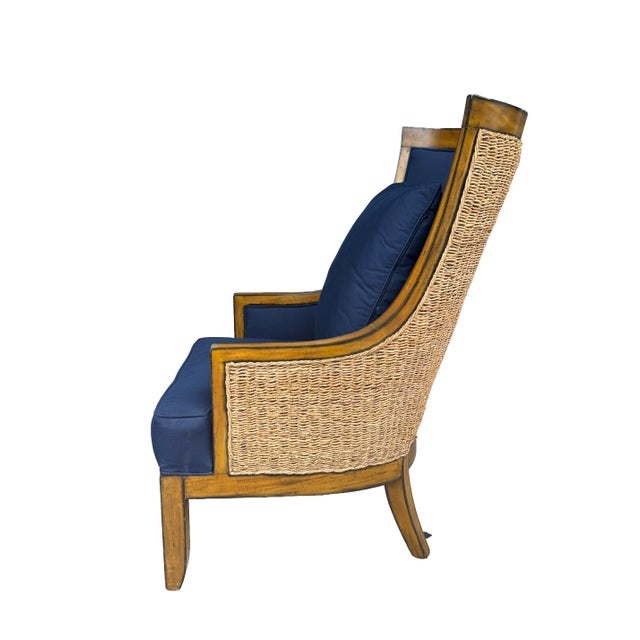 Navy Blue Late 20th Century Pair of Palecek Woven Wingback Lounge Chairs With Navy Cushions For Sale - Image 8 of 11
