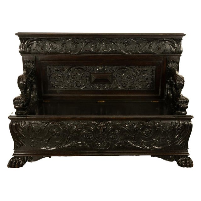 Coffee Antique Italian Renaissance Revival Carved Walnut Hall Bench Chest Dolphins 1870 For Sale - Image 8 of 14