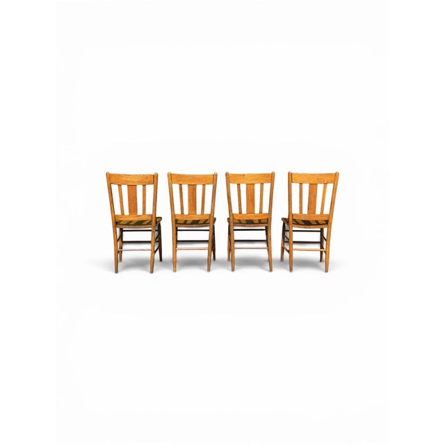 Farmhouse Set of 4 Antique Mission Style Solid Tiger Oak Dining Chairs For Sale - Image 3 of 10