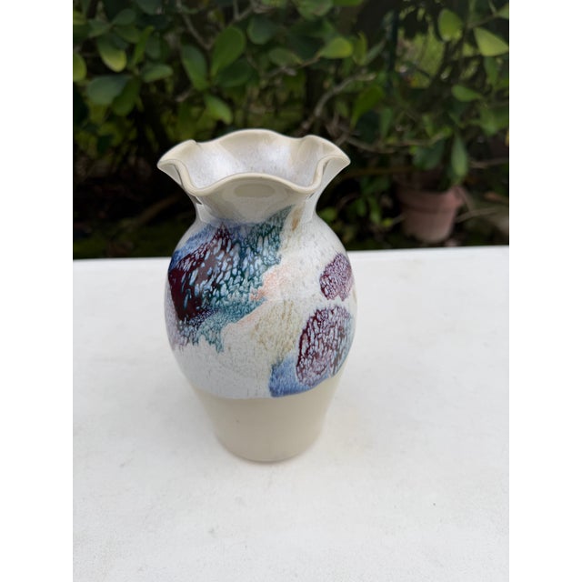 Vintage 8” Studio Pottery Ruffled Rim Drip Glaze Art Vase For Sale In Naples, FL - Image 6 of 11
