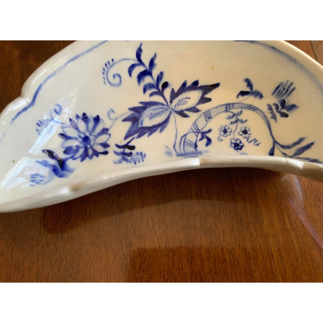 Antique Blue & White Floral Half Moon Dishes- a Pair For Sale - Image 9 of 11