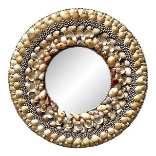 Vintage Monumental Shell Encrusted Round Mirror For Sale
