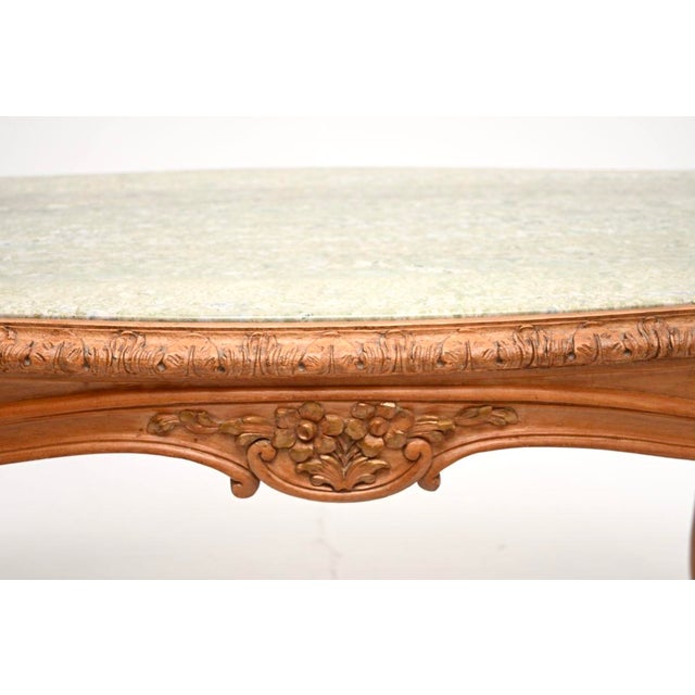 Vintage French Carved Walnut Coffee Table with Marble Top, 1930 For Sale - Image 10 of 11