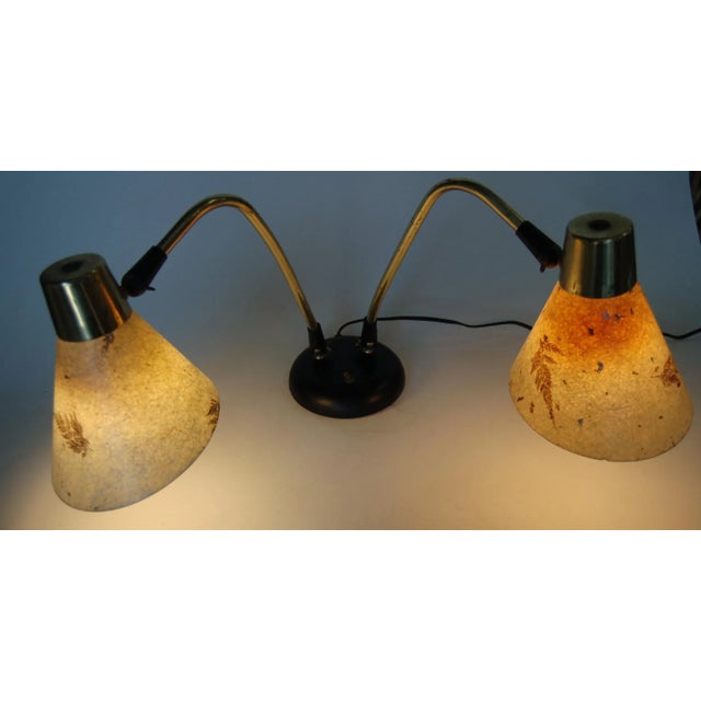 Double Gooseneck Brass Desk Table Lamp W/ Pressed Floral Fiberglass For Sale In Los Angeles - Image 6 of 9