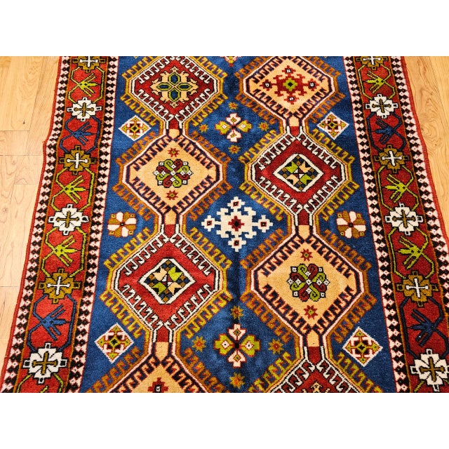 Vintage Persian Shiraz Yalameh Tribal Area Rug, Hand-Knotted Wool, Allover Geometric Pattern, Blue & Red, 3x5 For Sale - Image 11 of 17