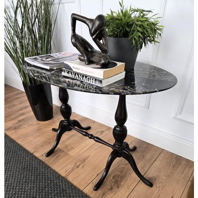 Italian Carved Walnut Side Coffee Table with Oval Portoro Marble Top, 1950s For Sale - Image 4 of 8