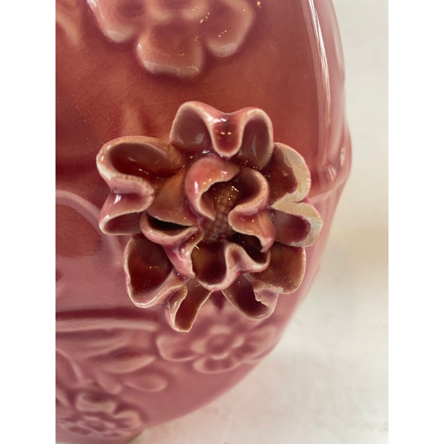 Chinese Porcelain Vase Hand Sculpted Pink Flowers For Sale - Image 9 of 10
