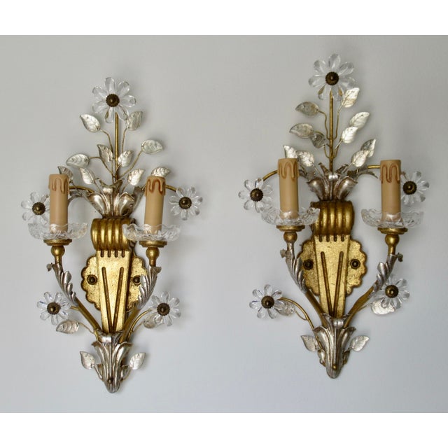 Metal Early 20th Century Banci Gilt & Silvered Bronze Sconces, Italian With Rock Crystal Floral Motif Design -Pair For Sale - Image 7 of 18