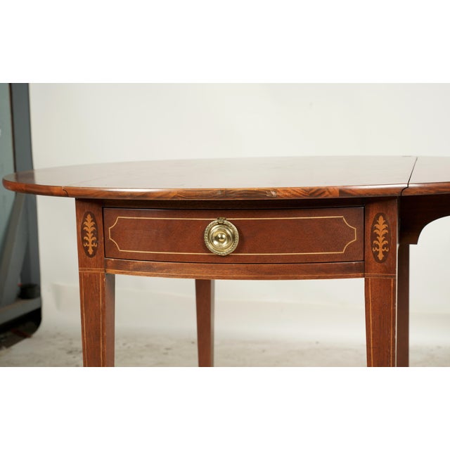 English Mid 20th Century Pair of Baker Furniture Inlaid Demi-Lune Side Tables With Brass Ring Pulls & Drop-Leaves: Pembroke Tables For Sale - Image 3 of 9