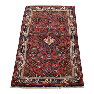 Hamedan Rug 2’9” X 4’2” Red Wool Vintage Tribal Hand-Knotted Oriental Carpet For Sale
