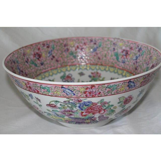 Ceramic Vintage Chinese Famille Rose Porcelain Bowl, White & Pink Base With Floral Accents and Bottom Marking For Sale - Image 7 of 12