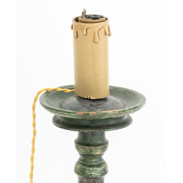 Mid-Century Modern Green Painted Turned Wood Candlestick Lamp, painted in black and green stripes. 17.5" H x 7.5"...
