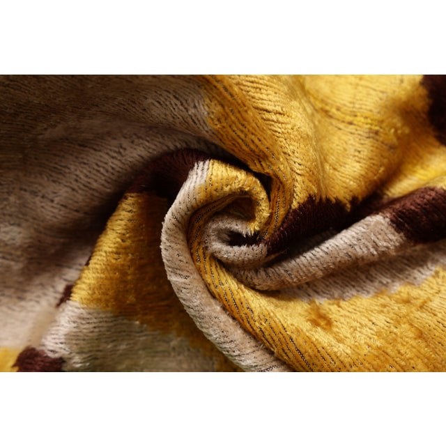 Luxury Mustard, Cream and Chocolate Silk Velvet Ikat Lumbar Pillow 16x24 Inch With Down Insert For Sale In San Francisco - Image 6 of 8