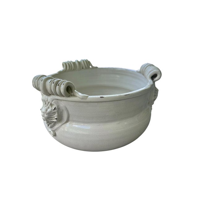 Rustic European Vintage Italian Majolica Cachepot Planter by Torlivia & Todaro for Fortunata, Lion Mascaron Handles, Scrolled Ceramic Bowl For Sale - Image 3 of 6