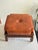 Camel 1960s Ricardo Lynn Mid-Century Modern Leather Ottoman Stool With Carved Wood Base For Sale - Image 8 of 11