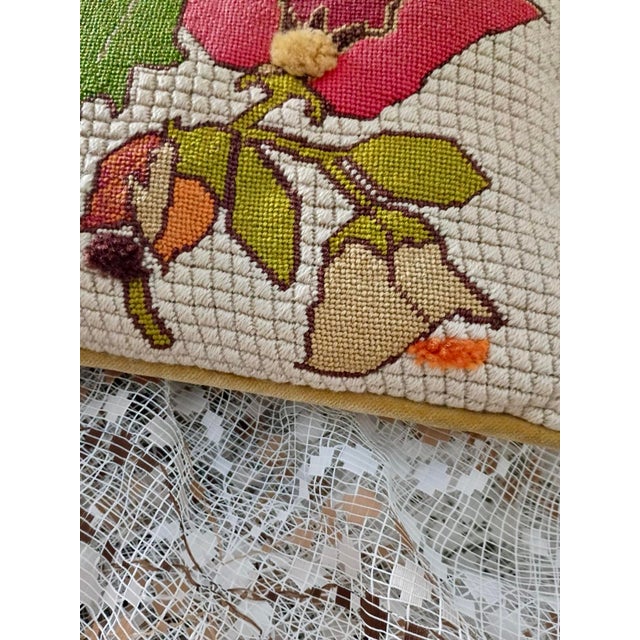Orange Vintage Handmade Needlepoint Pillow Wool Back to Velvet Floral For Sale - Image 8 of 12