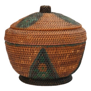 1920s Art Deco Woven Rattan Lidded Basket For Sale