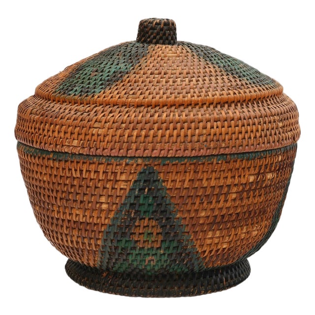 1920s Art Deco Woven Rattan Lidded Basket For Sale
