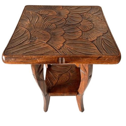 Antique Liberty & Co Art and Crafts hand-carved side table from circa 1910. This side table was sold in the famous Liberty...