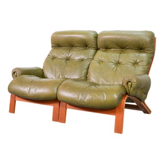 Scandinavian Ry-Wing 2-Seater Lounge Sofa in Olive Green Leather by Elsa and Nordahl Solheim for Rybo Rykken & Co., 1960s For Sale