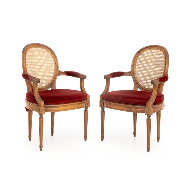 Late 20th Century Pair of Louis XVI Style Red Velvet Upholstered Cane Paneled Walnut Fauteuils For Sale - Image 5 of 13