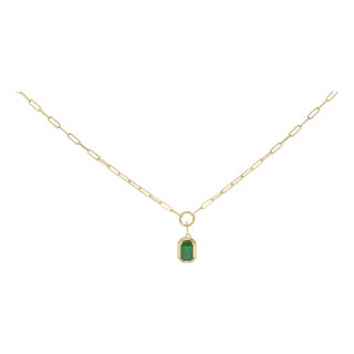 10K Yellow Gold Emerald Cut 6x4 MM Green Emerald Solitaire Pendant Necklace - 18 inch For Sale