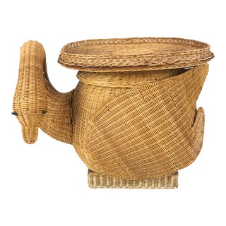 Vintage Woven Wicker Rattan Swan Goose Side Table Plant Stand For Sale