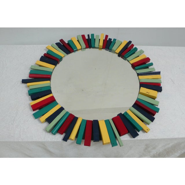 Wall Mirror Round with Colorful Rustic Wooden Frame, 1960s For Sale - Image 4 of 5