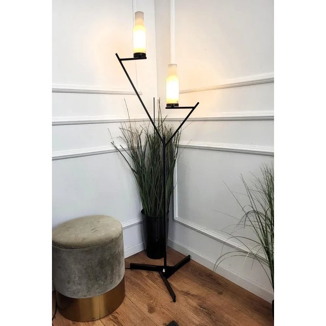 Mid-Century Art Deco Italian Black Metal Gilt Brass Opaline Glass Floor Lamp, 1950s For Sale - Image 3 of 9