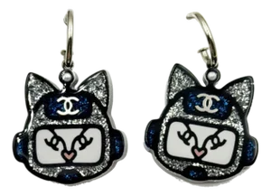 Chanel Silver CC Blue Glitter Cat Hoop Earrings, A Pair