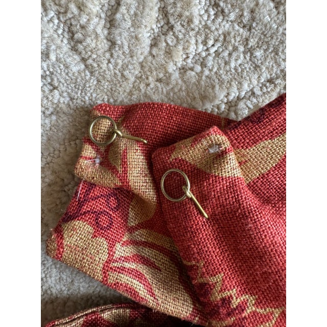 Custom Made Designer Drapery Red Panels Linen Gold Damask Pinch Pleat , Interlined 68 X 94 Pair,Tiebacks New For Sale - Image 10 of 11